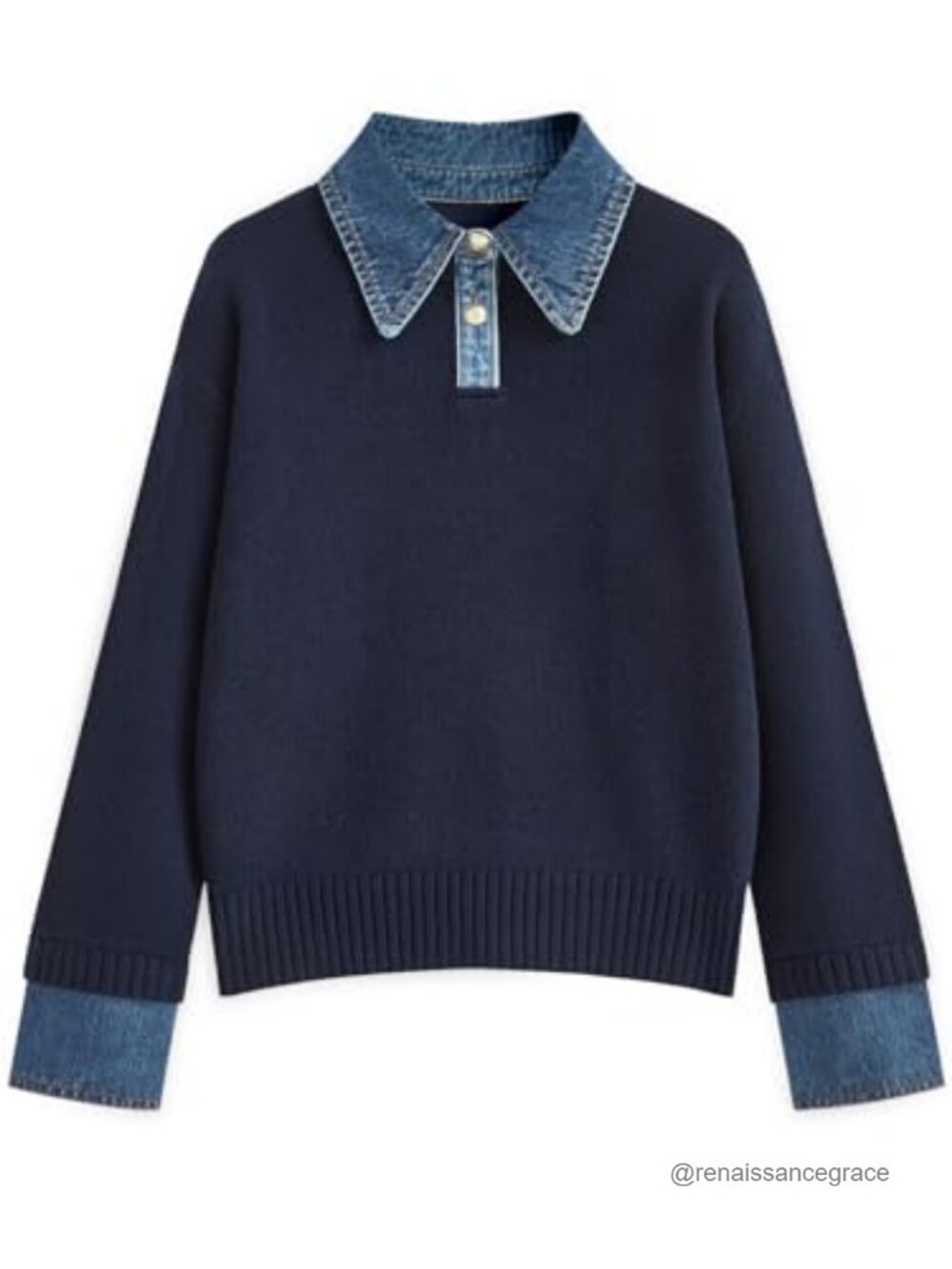 Oversized Collared Denim-Inspired Knit Pullover Sweater Button Front Fall